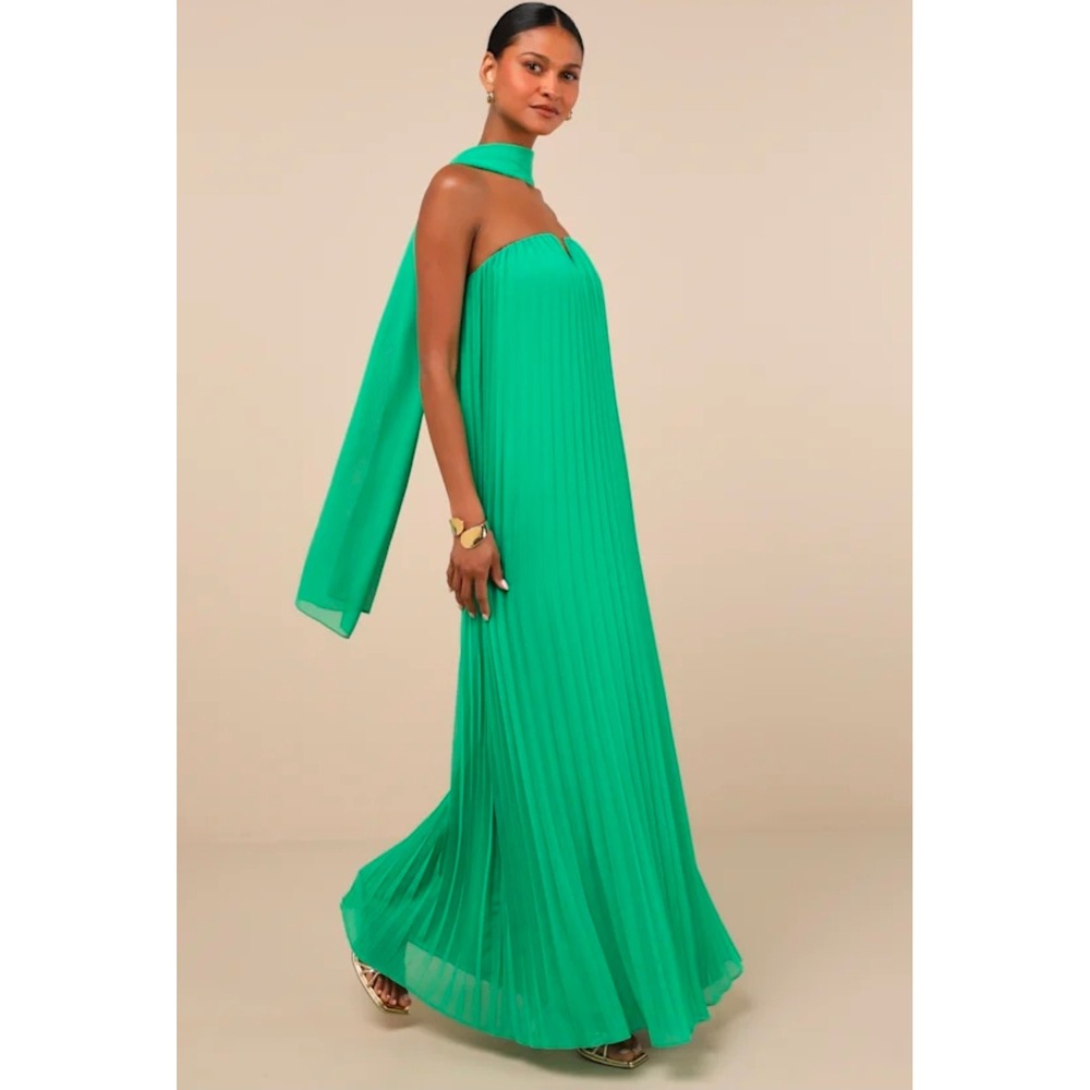 Lulus Lael Green Pleated Strapless Dress And Scarf Set Maxi Dress Large Formal